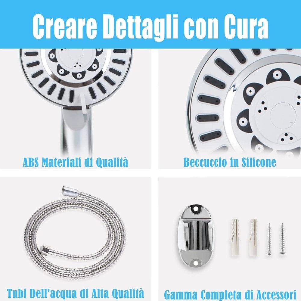 Trade Shop - Kit Doccetta Soffione Con Tubo 1.8mt Staffa Doccia Bagno Universale Cromato 59261 -