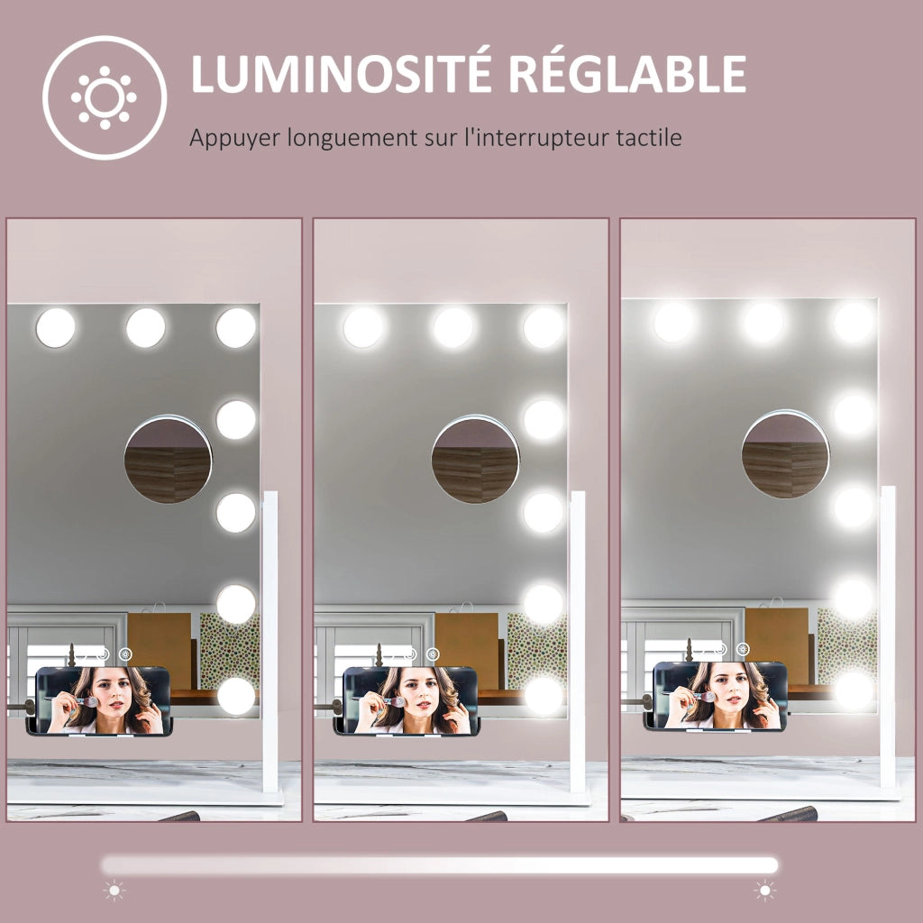 Specchio Hollywood con LED 12 luci, regolabile, rotazione 360¡ã, ingrandimento 10X, touch, bianco ¨C zephmum ¨C 120x60
