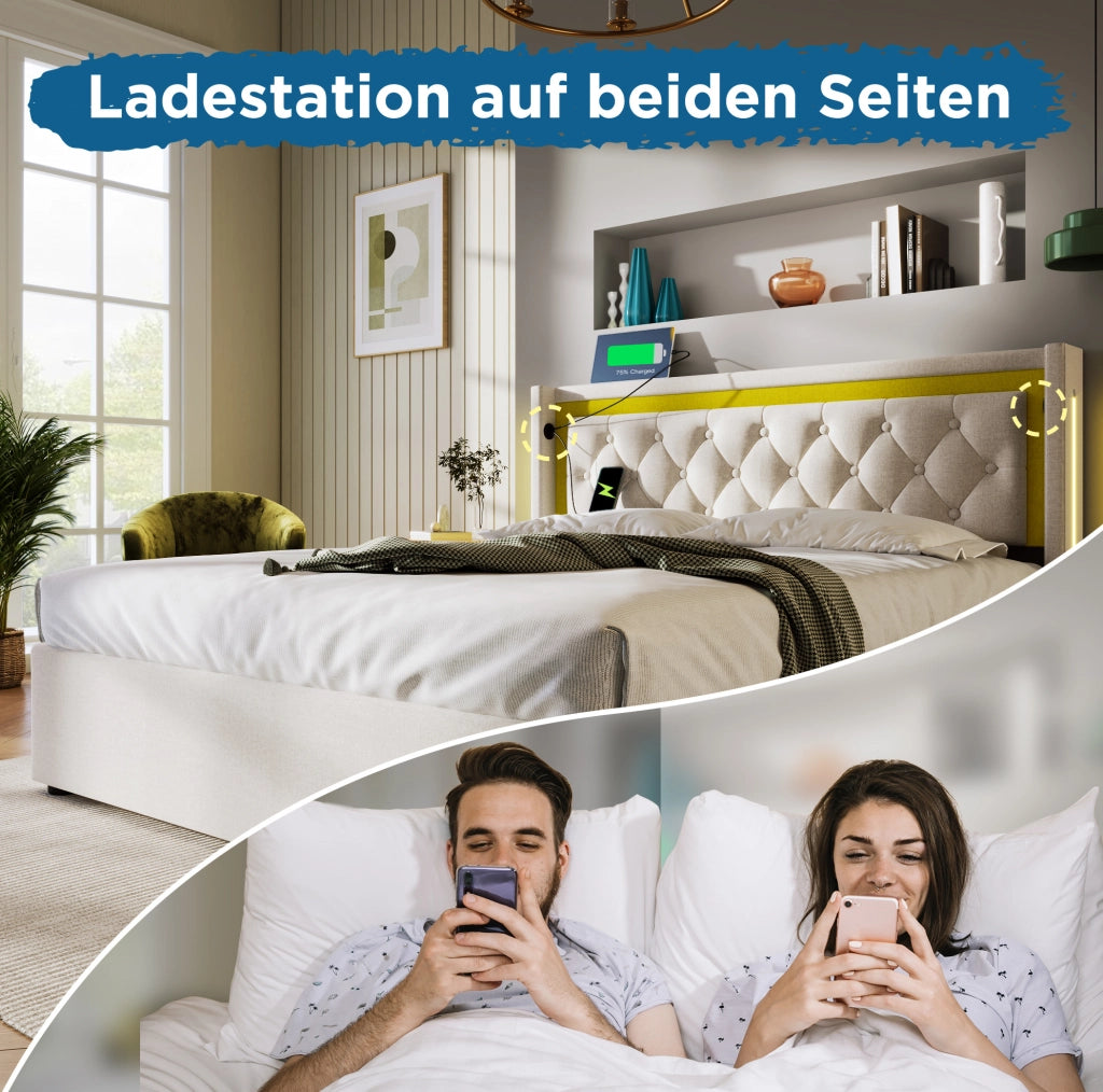 Letto contenitore 140x200 cm con LED, USB e USB-C, beige