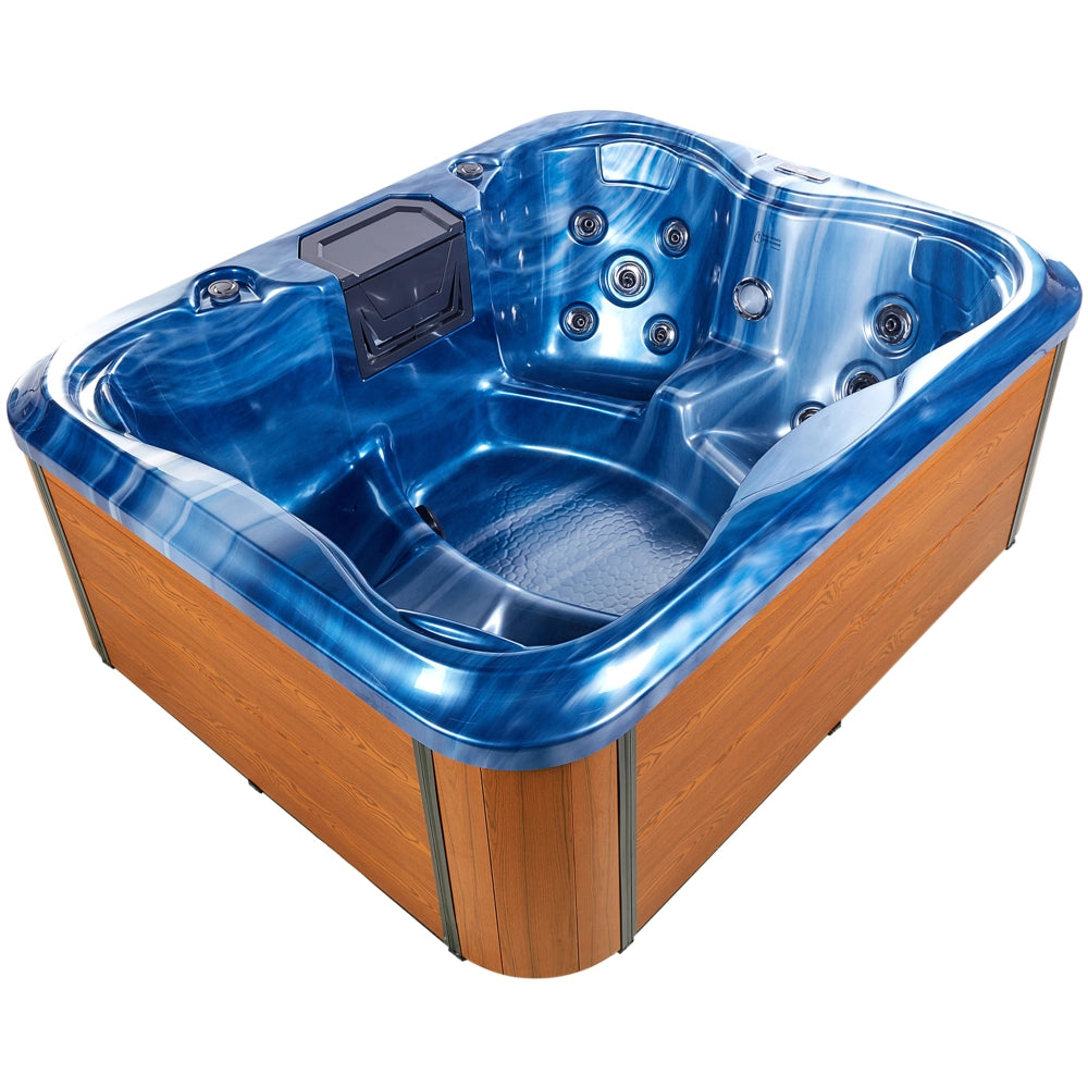 Vasca Idromassaggio Acrilico Blu 180 x 215 cm 4 Posti 19 Getti Idromassaggio Cassa in Alluminio Effetto Legno con Luce LED