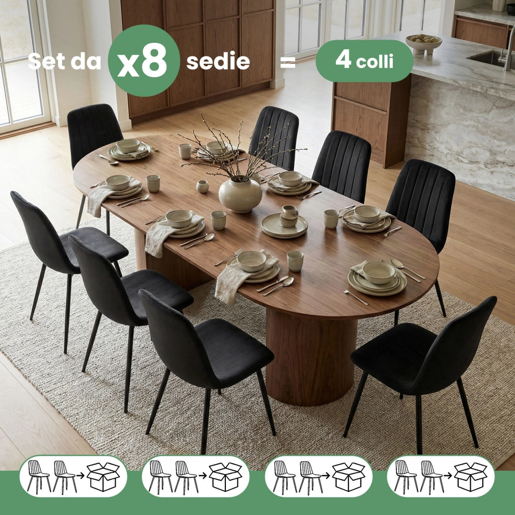 Set di 8 Sedie in velluto trapuntate LUMO Nero gambe nere