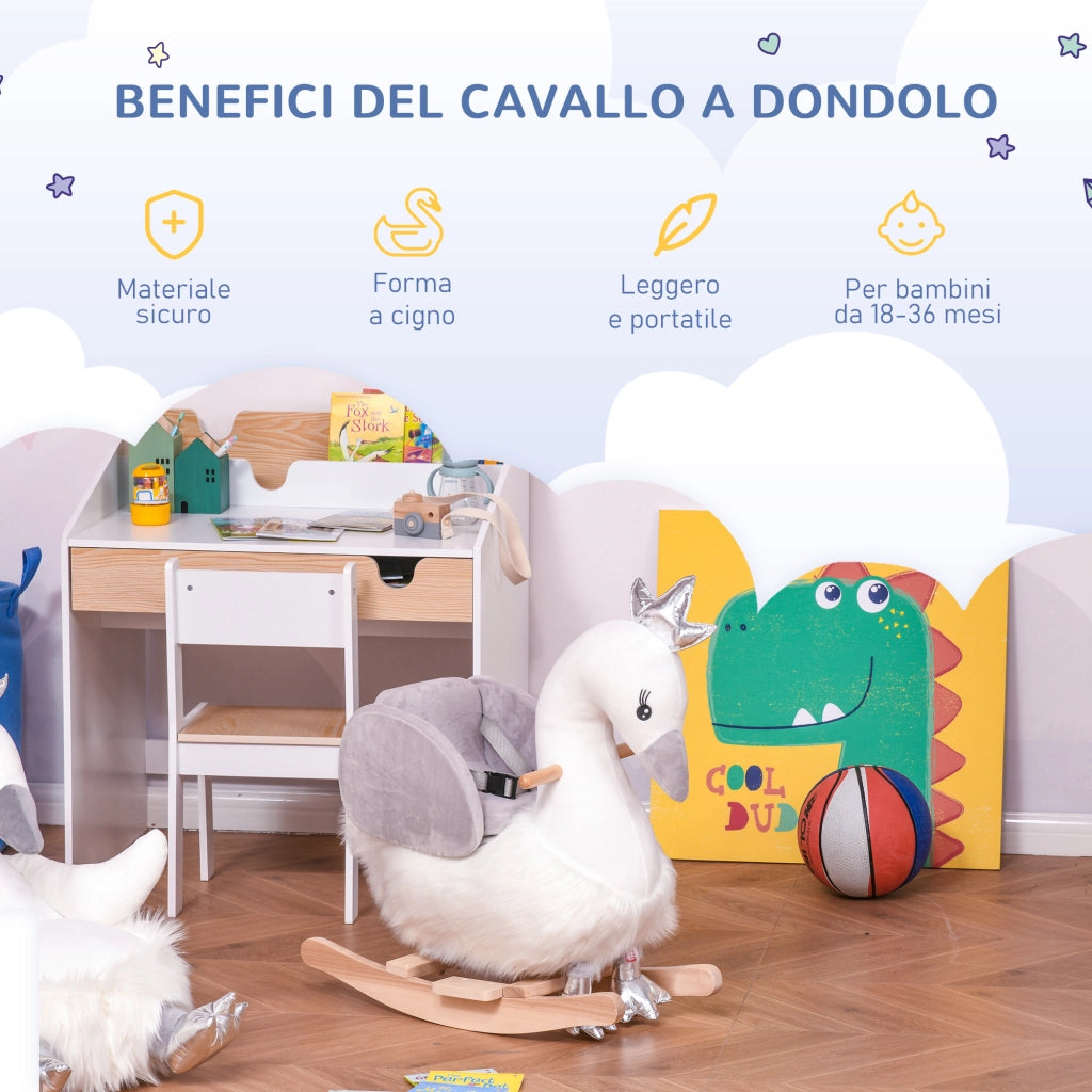 EasyComfort Cavallo a Dondolo per Bambini a Forma di Cigno, Dondolo Giocattolo Cavalcabile per Bambini 18-36 Mesi (Max 40kg), in Legno di Pioppo e Peluche, Bianco e Grigio
