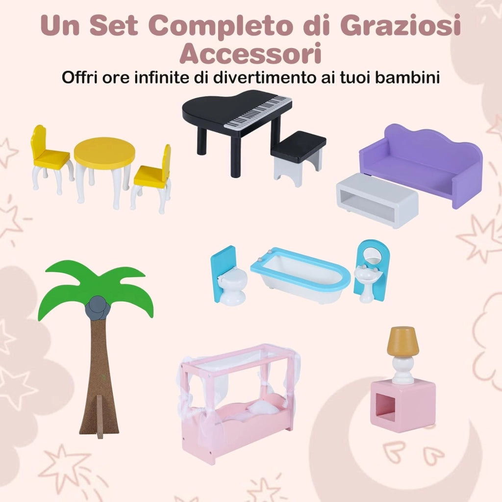 Casa delle Bambole in Legno, Casa Barbie a 3 Piani con Mobili, Ascensore, Balcone, Giardino e 16 Accessori, Fai-da-Te Giocattolo per Bambini 3+ Anni,102 x 34 x 120,5 cm