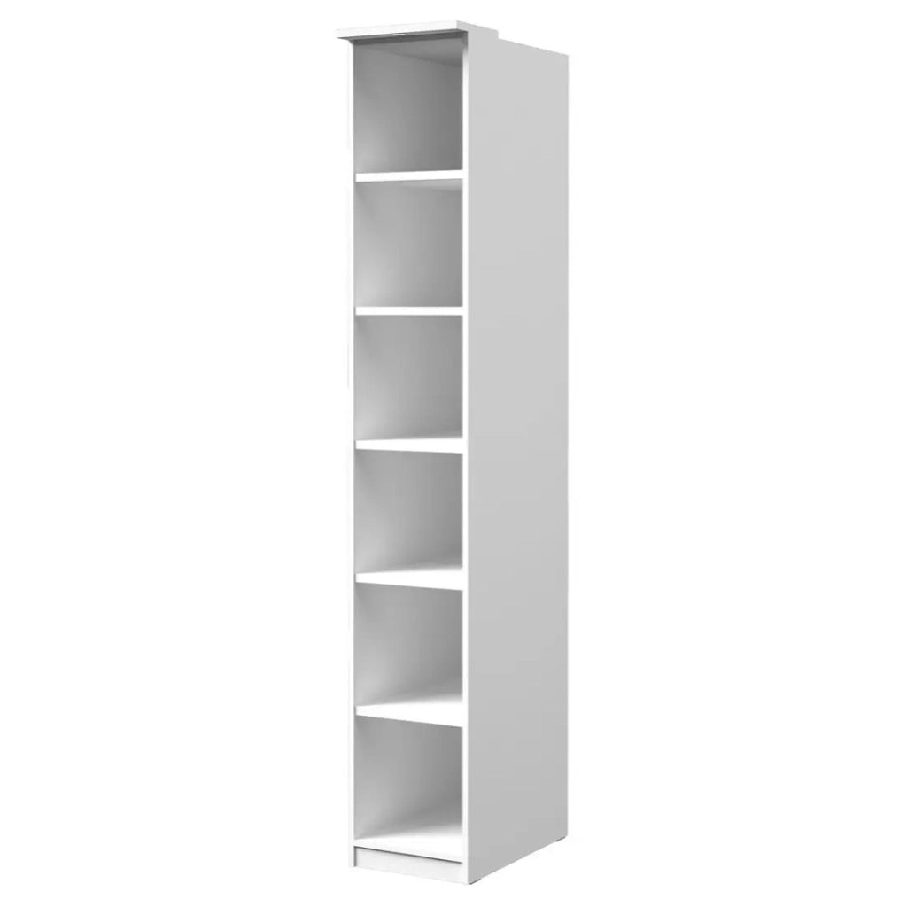 Cabina armadio completa collezione MODULO colore bianco con LED, pannelli di finitura e pacchetti di ripiani inclusi.