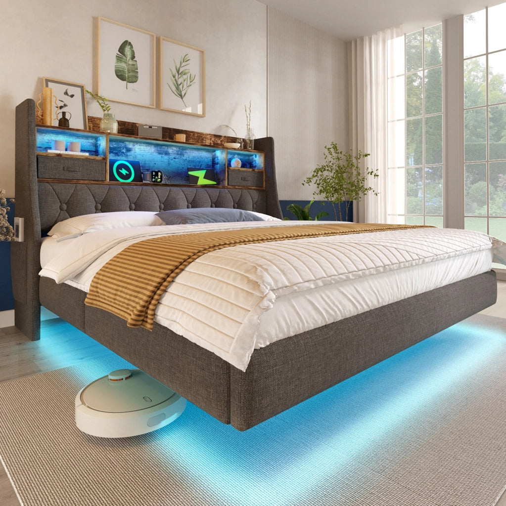 Letto imbottito ULEVR 140x200 cm con LED, 3 USB e Type-C, testiera con ripiani e cassetti, lino grigio