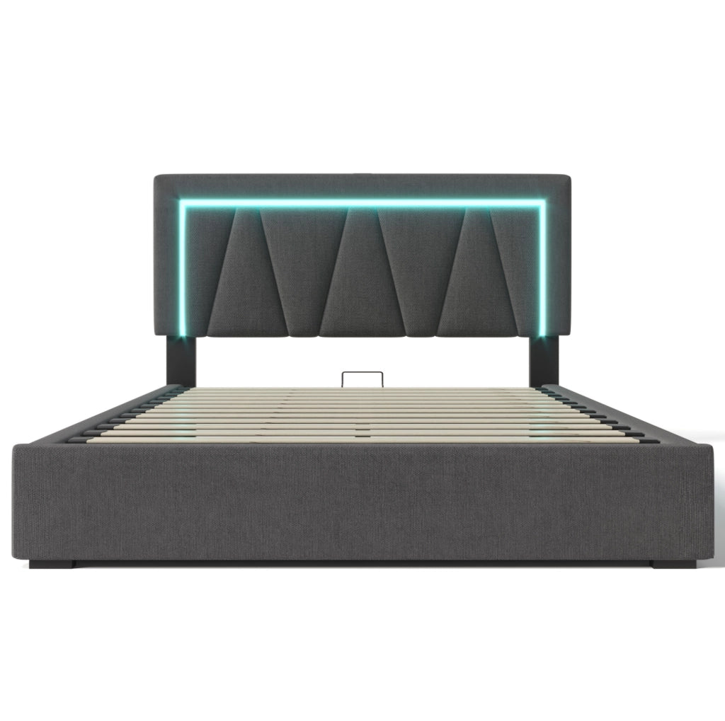 Letto matrimoniale imbottito 160x200 cm con LED; USB e Type-C; contenitore; grigio