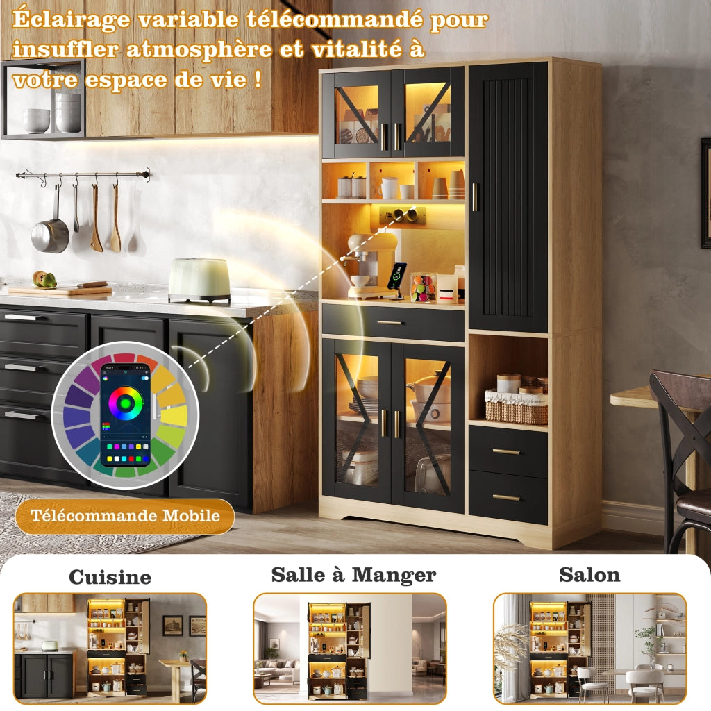 Credenza alta con vetrina e LED a colori, ripiani regolabili, 1 cassetto, prese e porte USB per cucina e soggiorno 185 × 105 × 40 cm