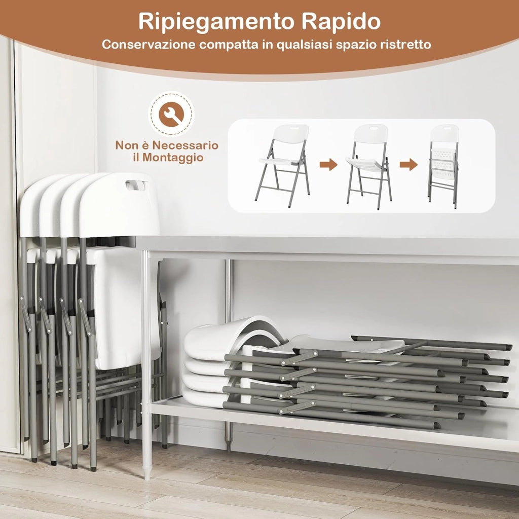Set di 4 Sedie Pieghevoli con Struttura in Metallo, Sedie da Pranzo Salvaspazio con Antiscivoli, Sedie da Campeggio per Interno ed Esterno, 58 cm x 45 cm x 84 cm (Bianco)