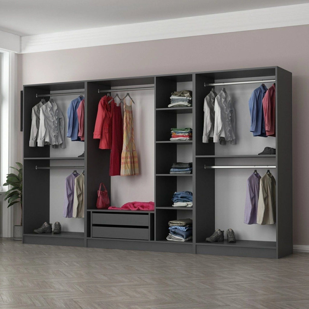 Armadio Camera da Letto Prunetto, Guardaroba Grande Appendiabiti, 315x210h cm Nero Antracite