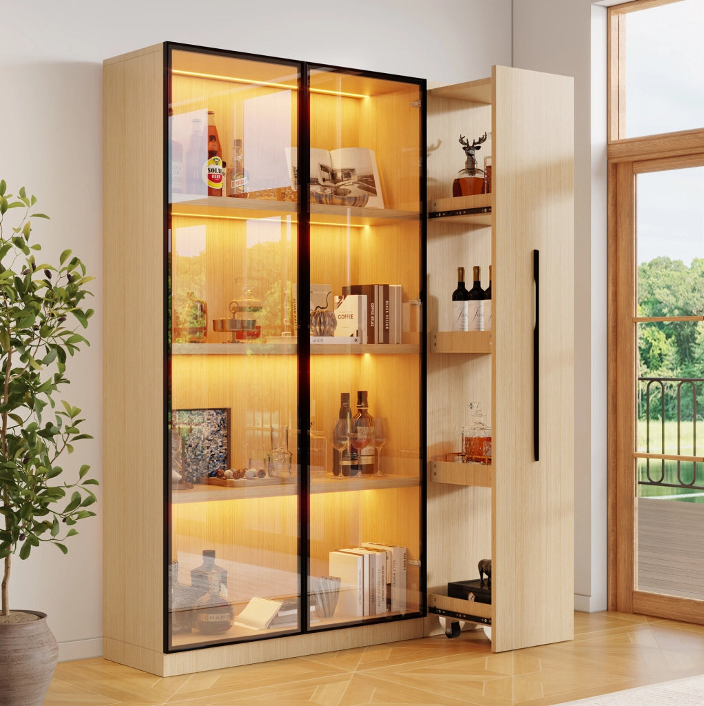 Libreria vetrina moderna 110;5x35x160 cm in MDF rovere con LED e anta in vetro