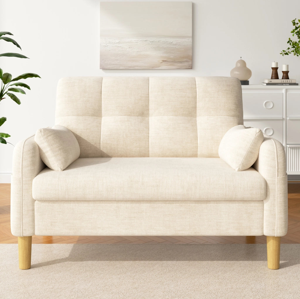 Divano 2 posti ULEVR 119x78x85 cm in ciniglia beige con 2 cuscini e tasca laterale