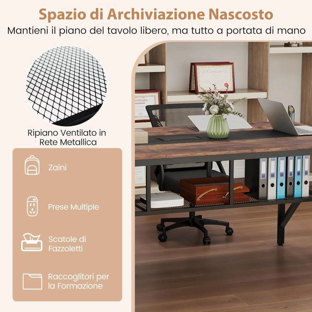 Tavolo da Conferenza per 6-8 Persone, Tavolo Rettangolare per Riunioni con Ripiano Portaoggetti in Rete, Passacavi e Struttura Metallica, Mobile da Seminari per Ufficio e Sala Riunione