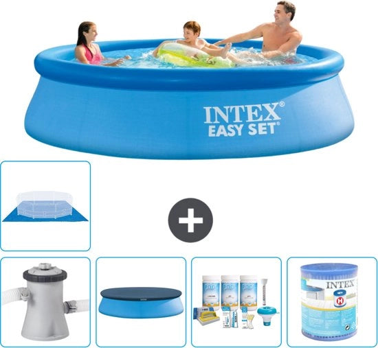 Piscina Rond Opblaasbar Easy Set - 305 x 76 cm - Blu - Inclusa Pomp Copertura - Kit Manutenzione - Filtro - Copertura Fondale - Matita Solare