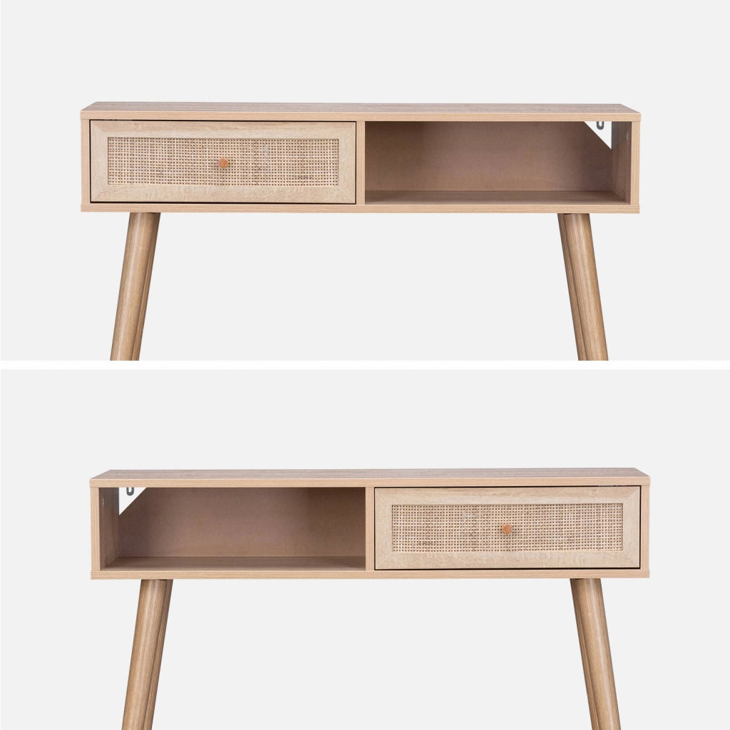 Consolle scandinava con effetto legno e canna, 100cm, marrone naturale
