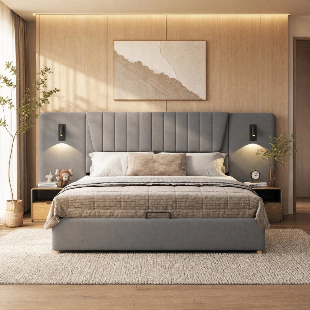 Letto matrimoniale imbottito 180x200 cm con testiera lunga; luci LED e USB; grigio