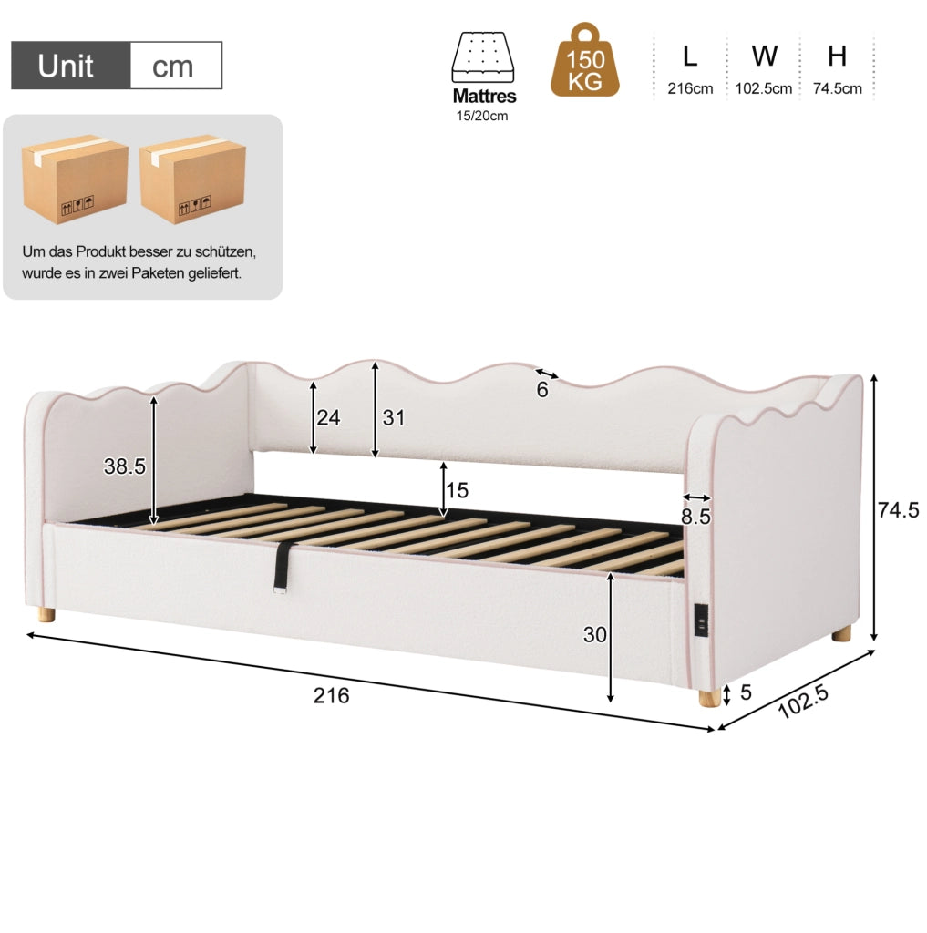 Letto imbottito 90x200 cm con contenitore idraulico; presa USB/Type-C; bouclé beige