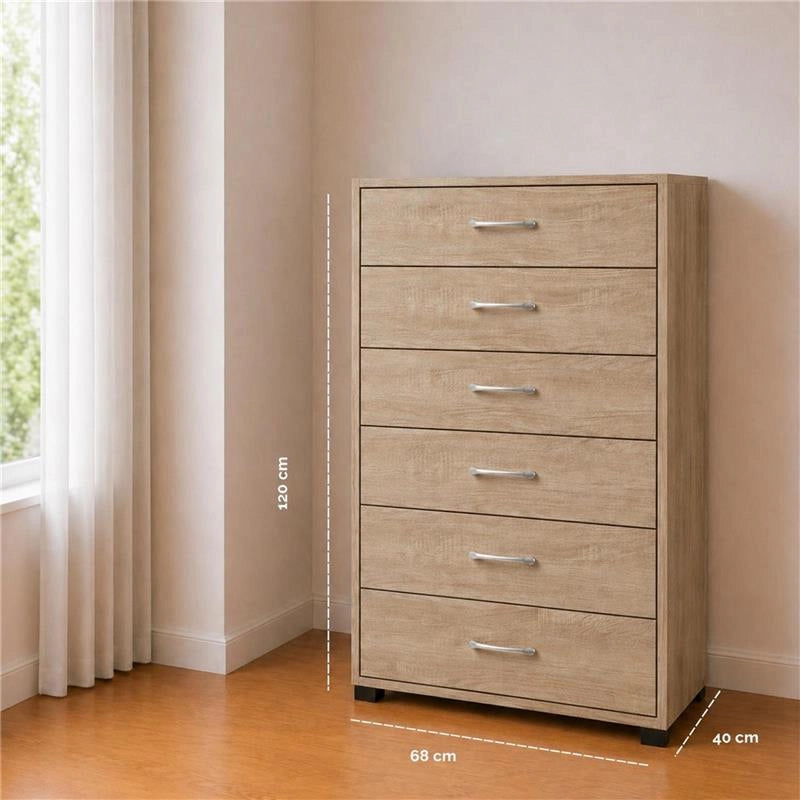 CASSETTIERA IN LEGNO CON SEI CASSETTI E PIANO D 'APPOGGIO COLORE ROVERE DIMENSIONI 68X40X120 CM