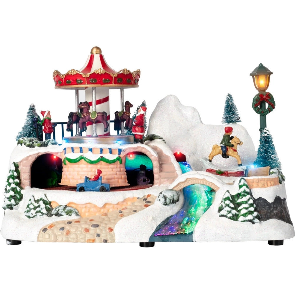 Trade Shop - Giostrina Natalizia Il Parco Giochi Incantato H16,5 Cm Con Luci Suoni Movimento Addobbo -