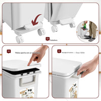 Pattumiera da Cucina per Raccolta Differenziata 2 Scomparti Capacità 29 L con Pedale e Ruote 26x36x76,6 cm in PP Bianco