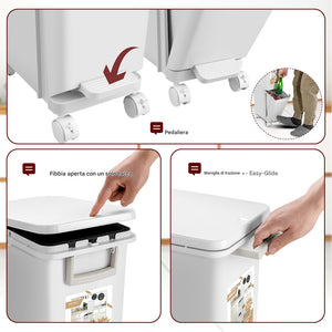 Pattumiera da Cucina per Raccolta Differenziata 2 Scomparti Capacità 29 L con Pedale e Ruote 26x36x76,6 cm in PP Bianco