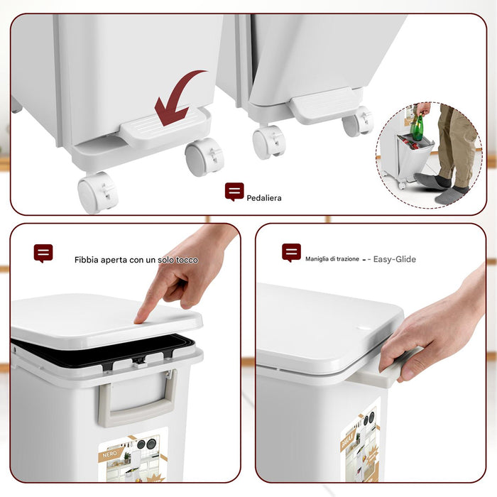 Pattumiera da Cucina per Raccolta Differenziata 2 Scomparti Capacità 29 L con Pedale e Ruote 26x36x76,6 cm in PP Bianco