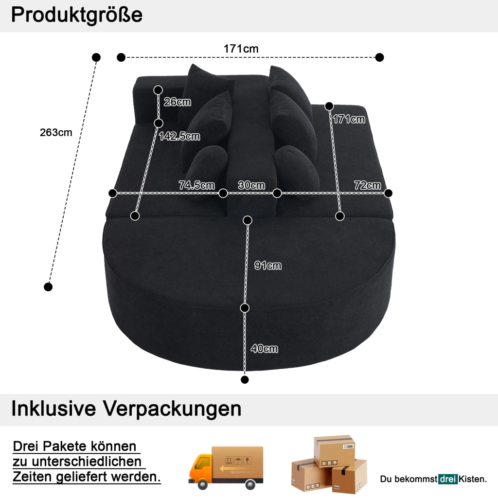 Divano modulare convertibile componibile senza montaggio con cuscini per salotto in tessuto chenille nero