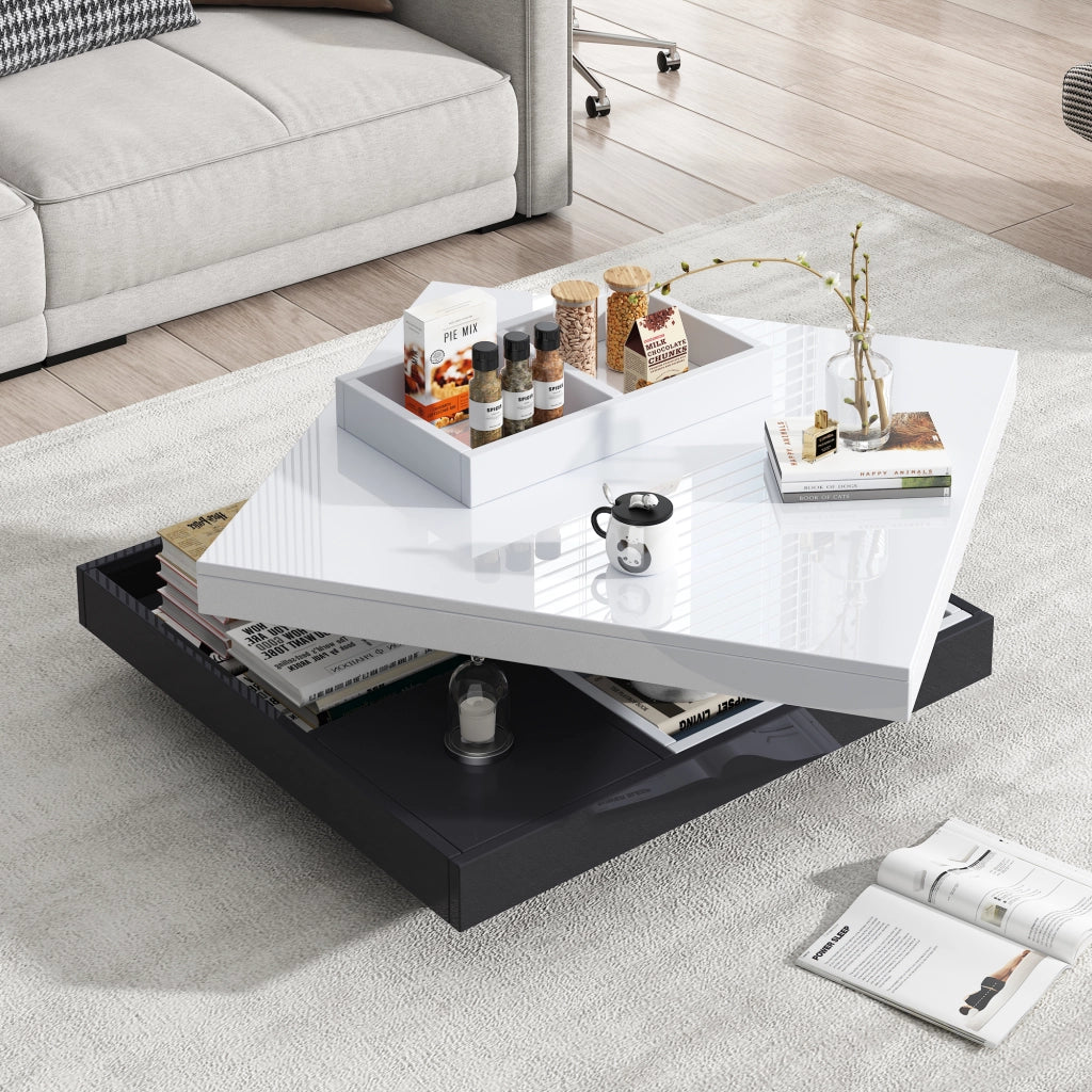 Tavolino da caffè con piano girevole - per soggiorno - 70×70×36 cm - bianco e nero