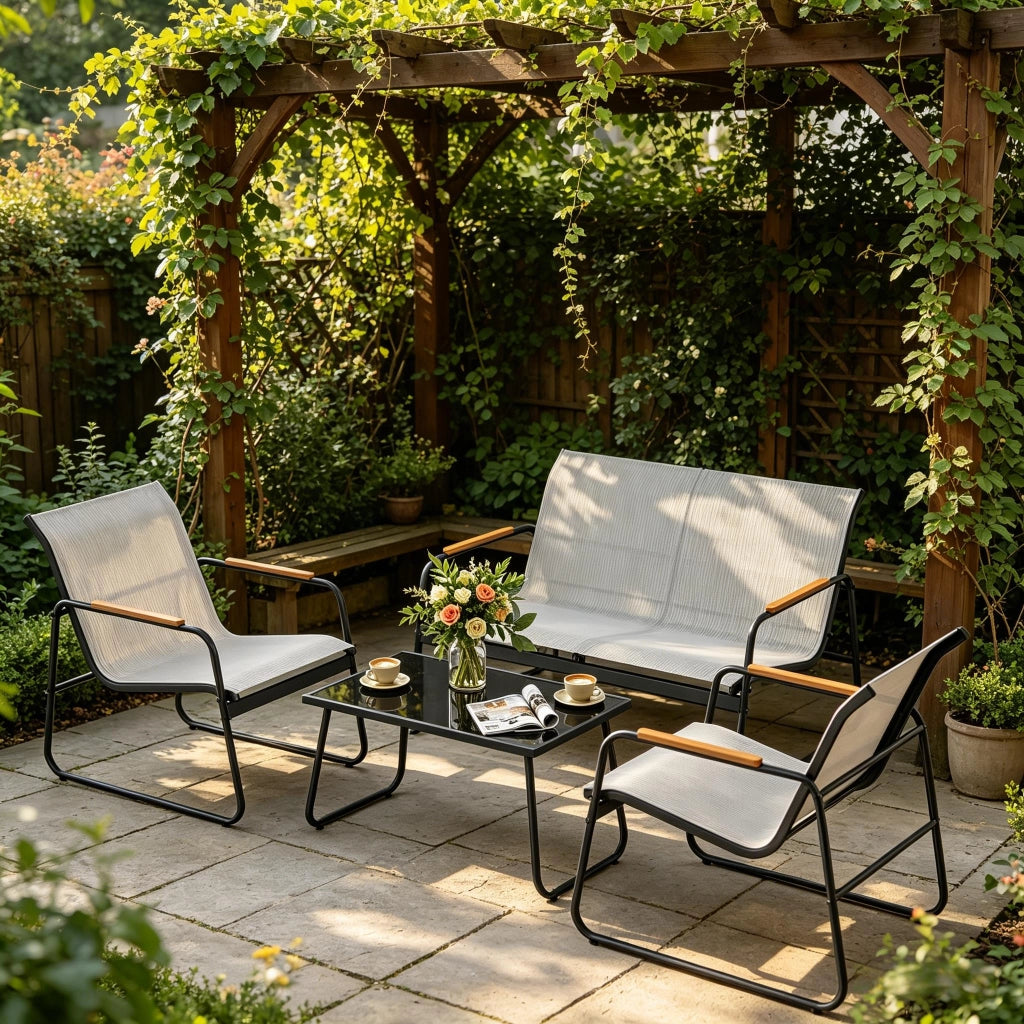Set mobili da giardino 4 pezzi con divano a 2 posti, 2 poltrone e tavolino in vetro temperato per esterno grigio