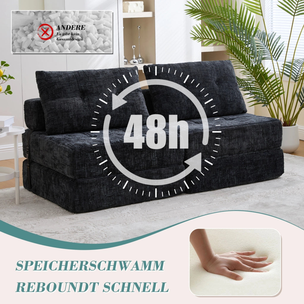 Divano letto pieghevole 79x180 cm in chenille nero con cuscini testa e lombari