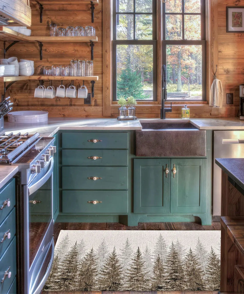 Tappeto moderno ABETI BEIGE FANGO disegno foresta aghifoglie di montagna, passatoia cucina multiuso lavabile in lavatrice e anti-scivolo cm.55x240