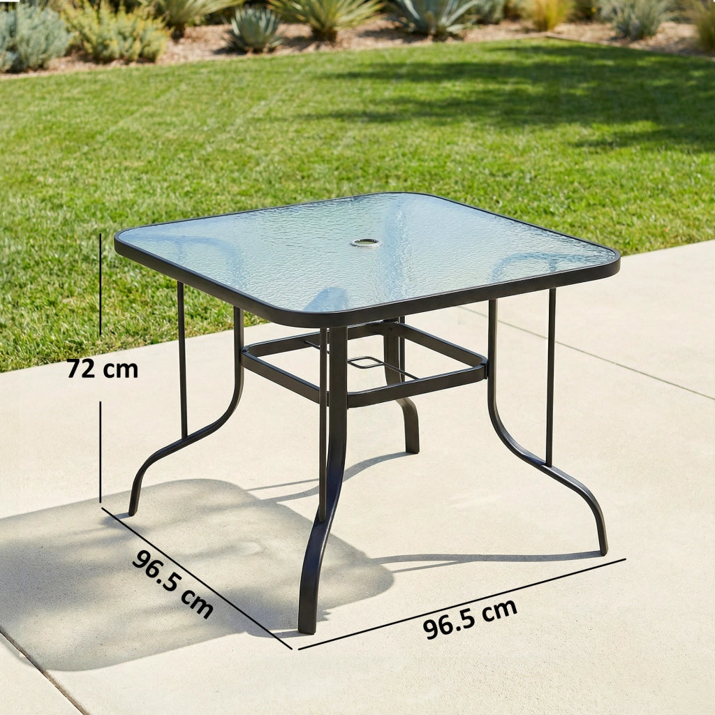 Tavolo da Giardino Quadrato a 4 Posti con Piano in Vetro e Foro per Ombrellone ?43 mm, Nero