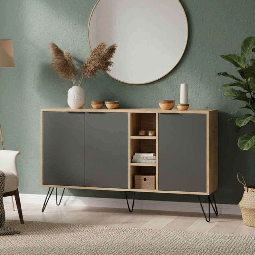 Madia Moderna Credenza 142x83 cm con 3 Ante e Vani a Giorno Rovere e Antracite