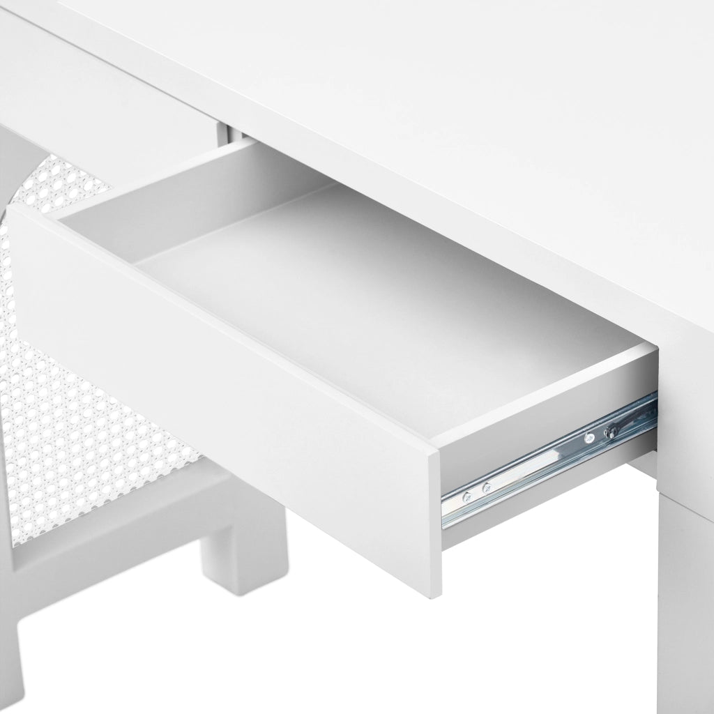 Consolle in MDF con 2 cassetti e presa integrata, design a griglia, per ingresso e soggiorno, bianco, 120 × 35,5 × 76,5 cm