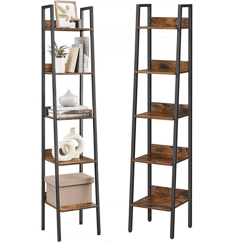 Scaffale nero da 170 cm di altezza, in metallo e materiale ligneo, funzionale e salvaspazio.
