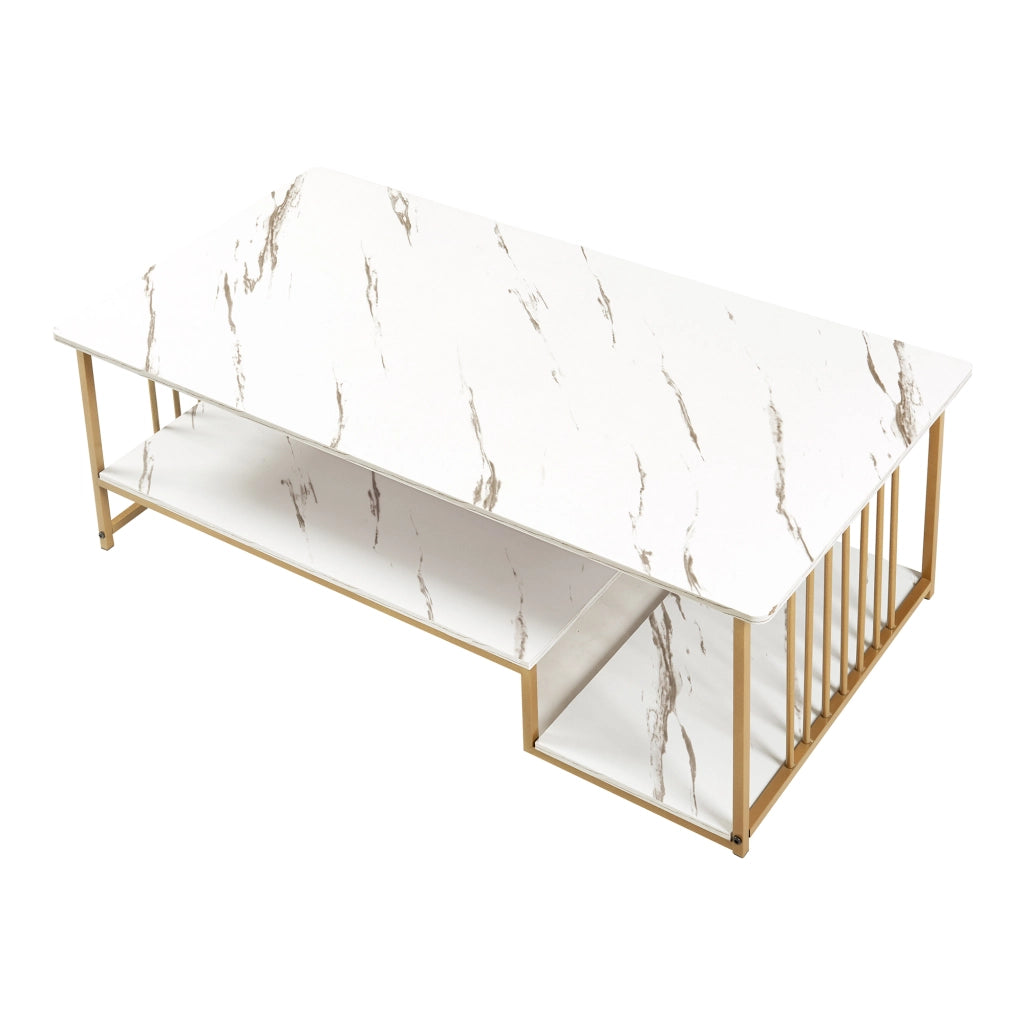 Tavolino Centrale da Salotto Klibro 120x60x42 cm Effetto Marmo Bianco / Dorato [en.casa]