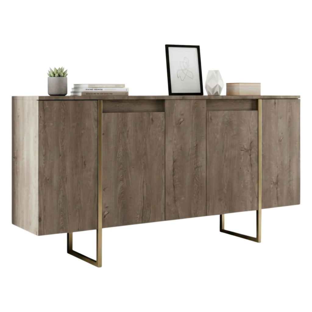 Credenza Arta, Buffet da soggiorno, Madia da salotto, Dispensa da cucina, 160x35h80 cm, Noce e Oro