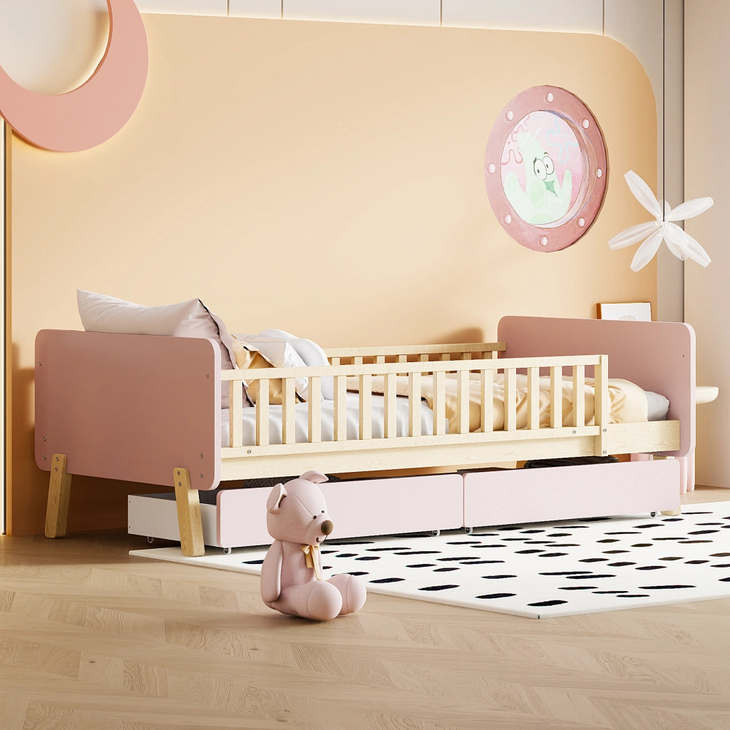 Letto Singolo con 2 Cassetti ¨C MINIMAL ¨C Massello Rosa 90x190 con Doghe