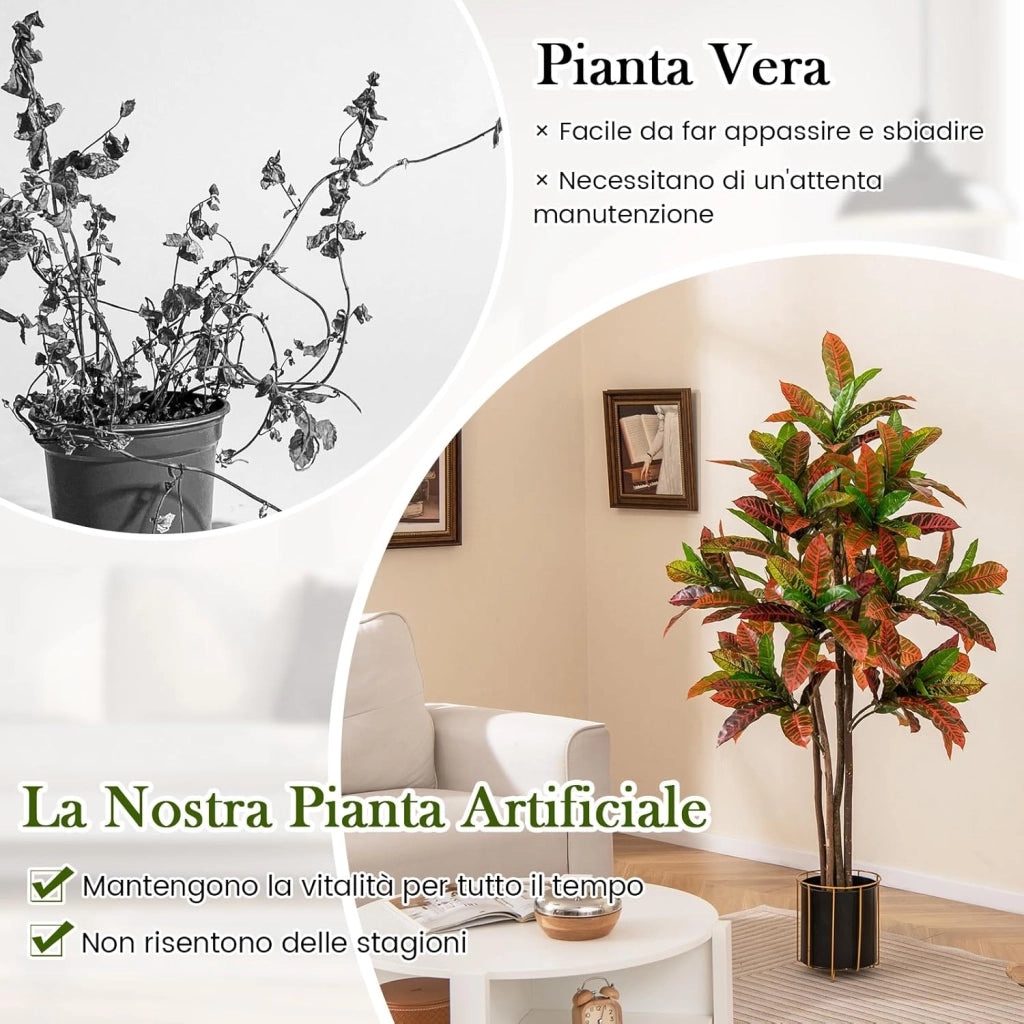 Pianta Finta di Croton 150 cm, Albero Artificiale da Interno ed Esterno, Pianta Tropicale in Vaso con Foglie Sfumate Finte, Ideale per Casa e Ufficio