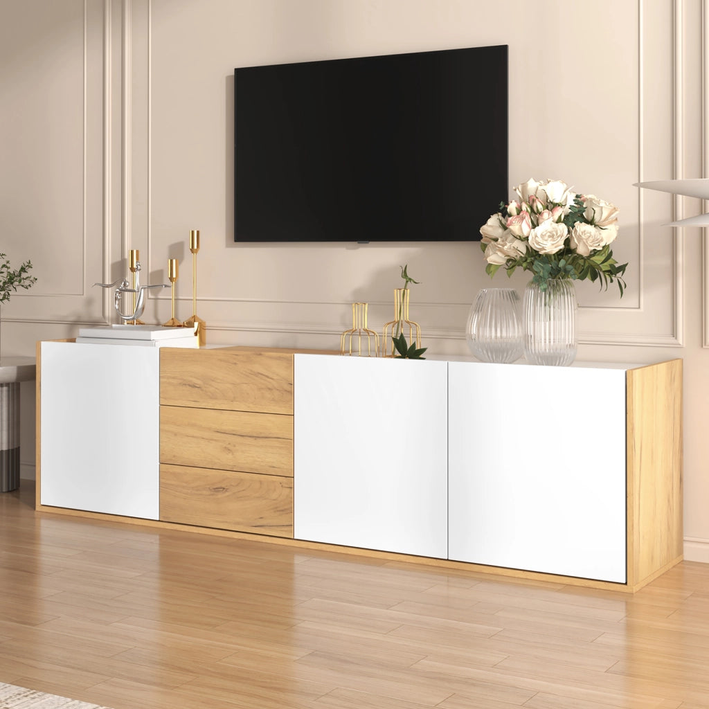 Mobile TV basso bianco e legno, da appendere a muro o appoggiare a terra