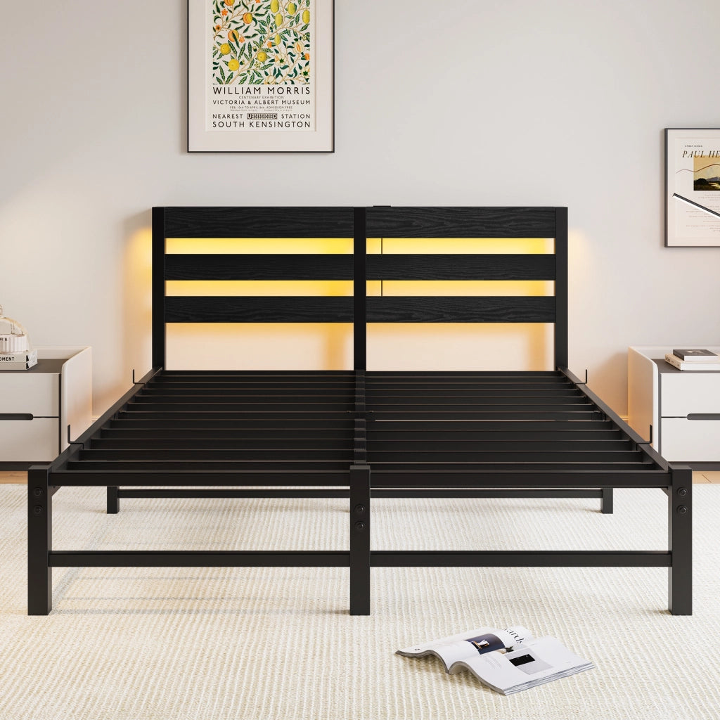 Letto per adulti 140 × 200 cm con LED RGB, 2 porte USB, contenitore sotto il letto, senza materasso, nero