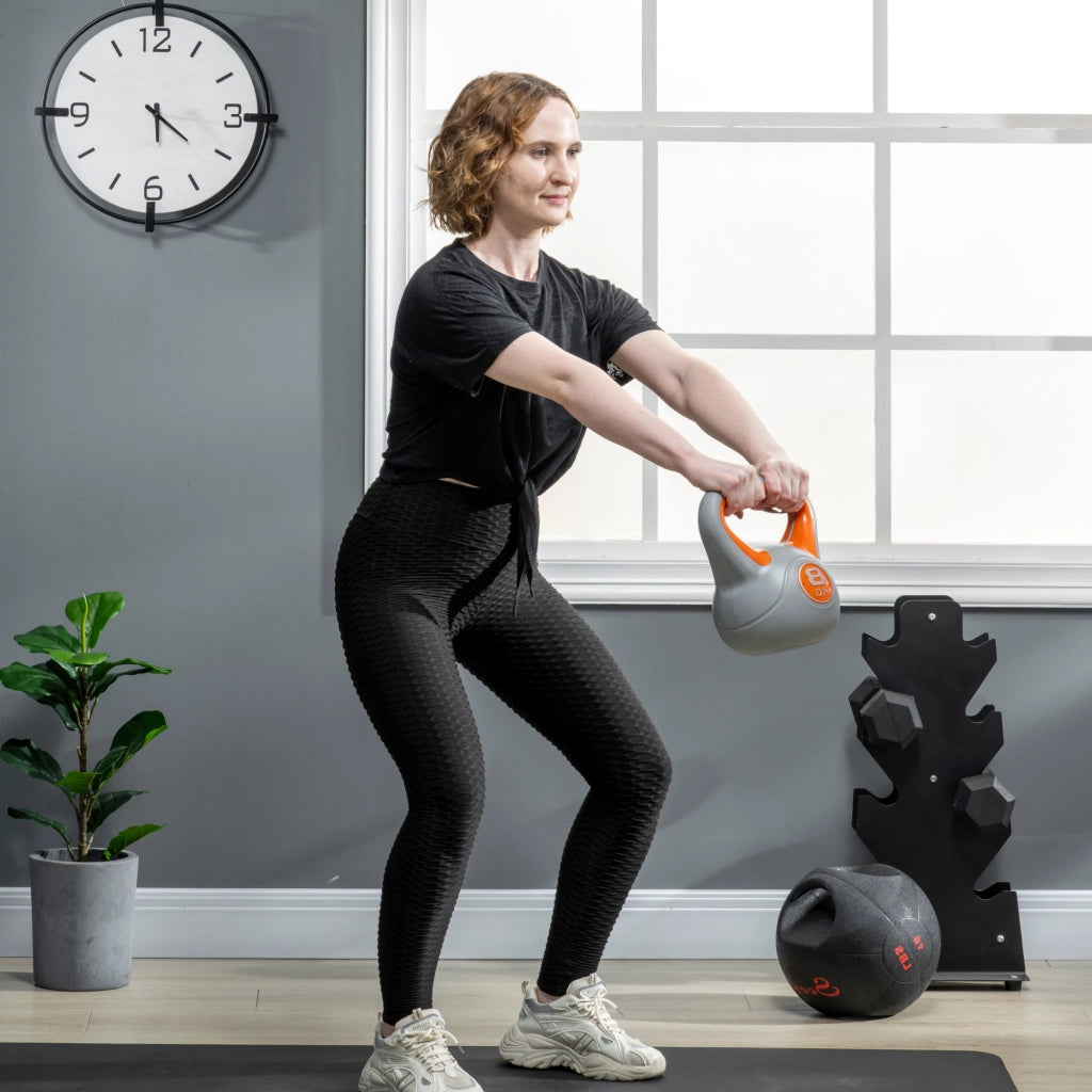 EasyComfort Kettlebell 8kg in PU e Sabbia con Base Piatta e Impugnatura per Stacchi, Squat e Sollevamenti, 20x14x24 cm, Arancione