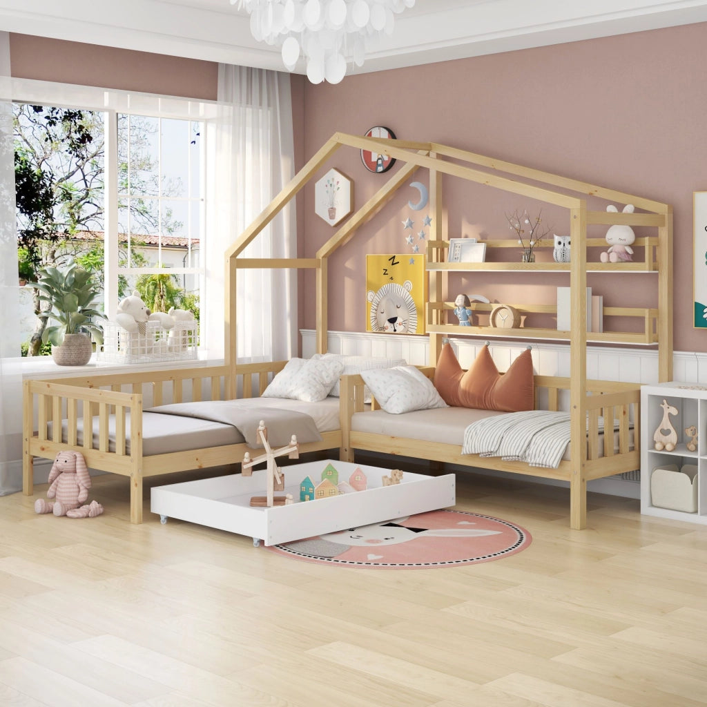 Letto a casa per bambini con cassetti e mensole in legno massello naturale 90x200 cm+140x70 cm