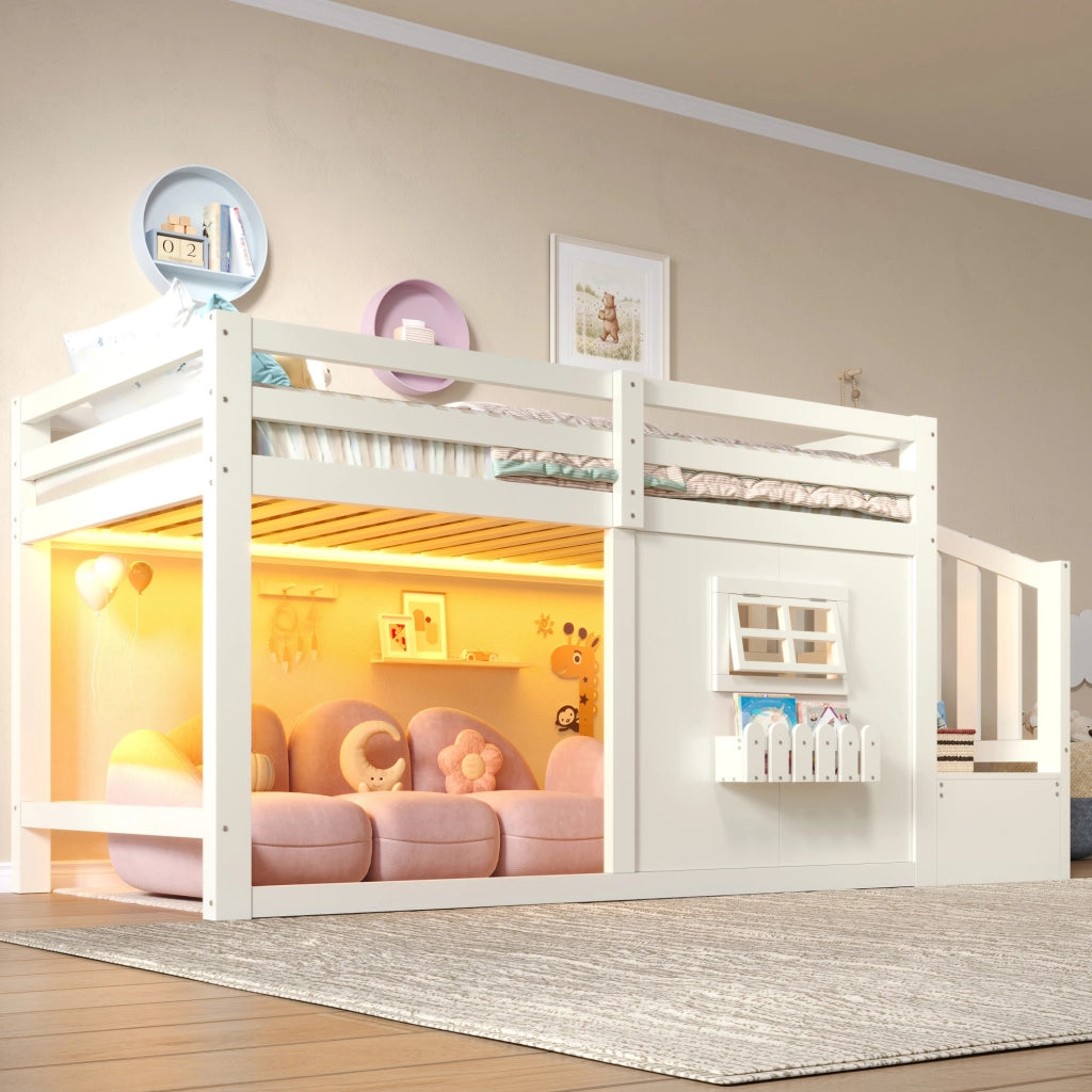 Letto a soppalco 90x200 cm in pino e MDF con scala contenitore e LED; bianco