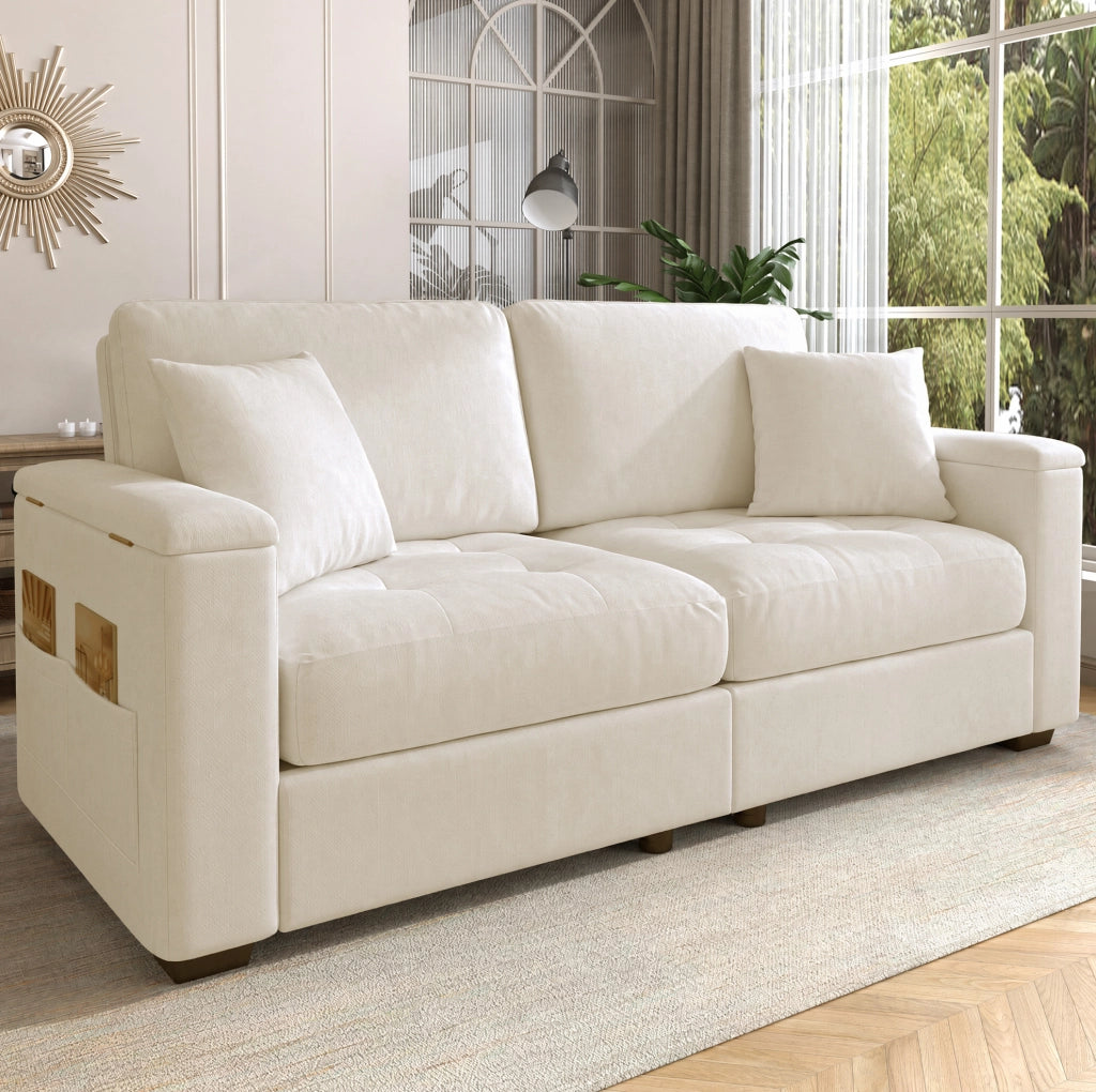 Divano 2 posti beige in ciniglia con contenitore, tasche laterali e 2 cuscini