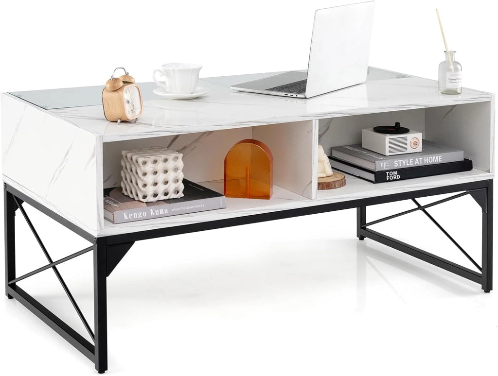 Tavolino da salotto moderno con luci a LED regolabili e 4 cubi, tavolo da salotto moderno con piano in finto marmo e vetro temperato, telecomando incluso, bianco/nero (bianco)