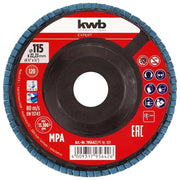 Kwb disco lamellare in zirconio, Ø 115 mm, grana 120, per metallo e acciaio, supporto in plastica, attacco 22,23 mm