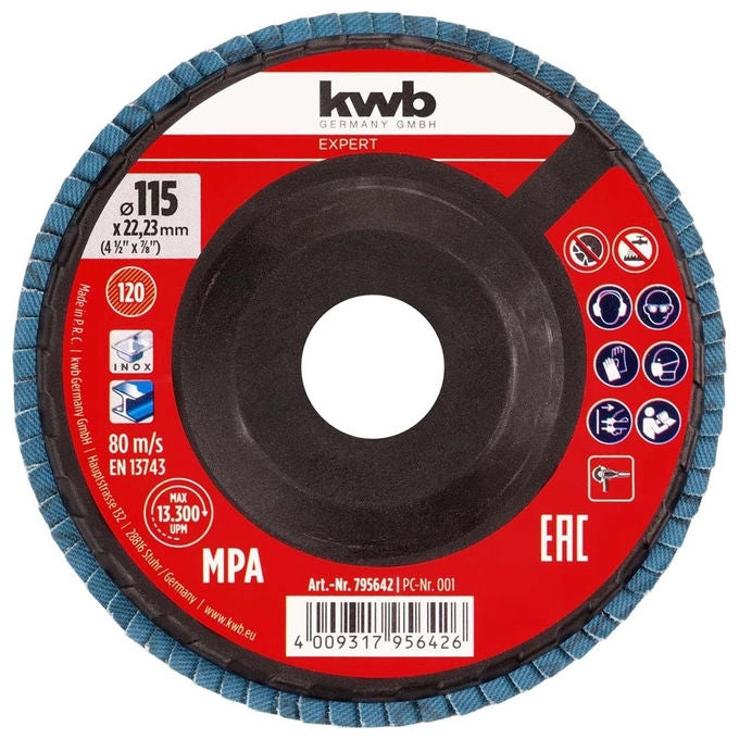 Kwb disco lamellare in zirconio, Ø 115 mm, grana 120, per metallo e acciaio, supporto in plastica, attacco 22,23 mm