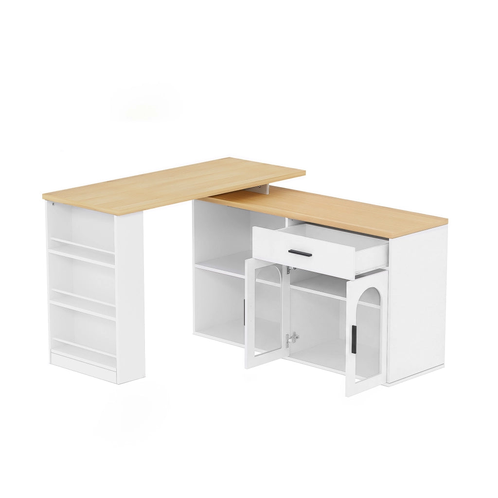 Isola cucina con piano girevole 360°, credenza con cassetto e ripiani, tavolo bar in MDF bianco 136x50x78 cm