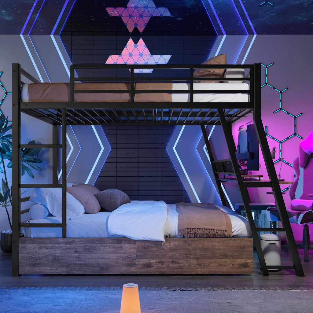 DESMIU Letto a Soppalco 2 Posti con 2 Cassetti, Scrivania, LED Regolabile e Scala 140 × 200 cm, Senza Materasso