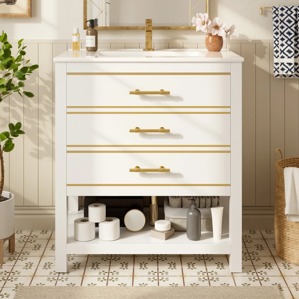 Mobile bagno con lavabo in ceramica 76 cm; bianco e oro; in MDF con 2 cassetti e vano aperto